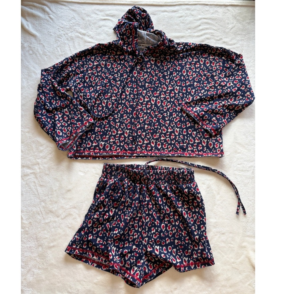 Peyton Valley Navy Leopard Print Hoodie and Shorts Lounge Set Small Excellent